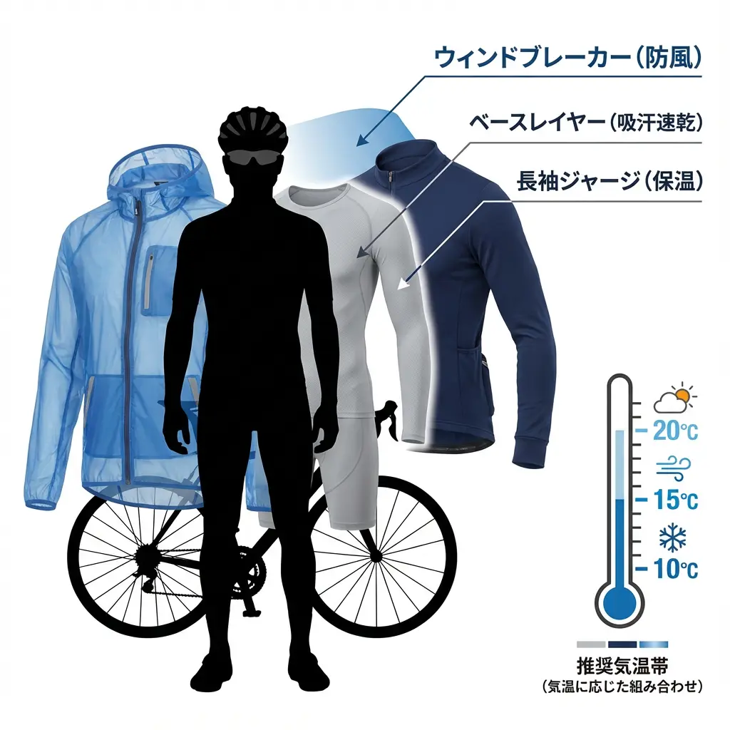 サイクリングウェアの重ね着による体温調節イメージ