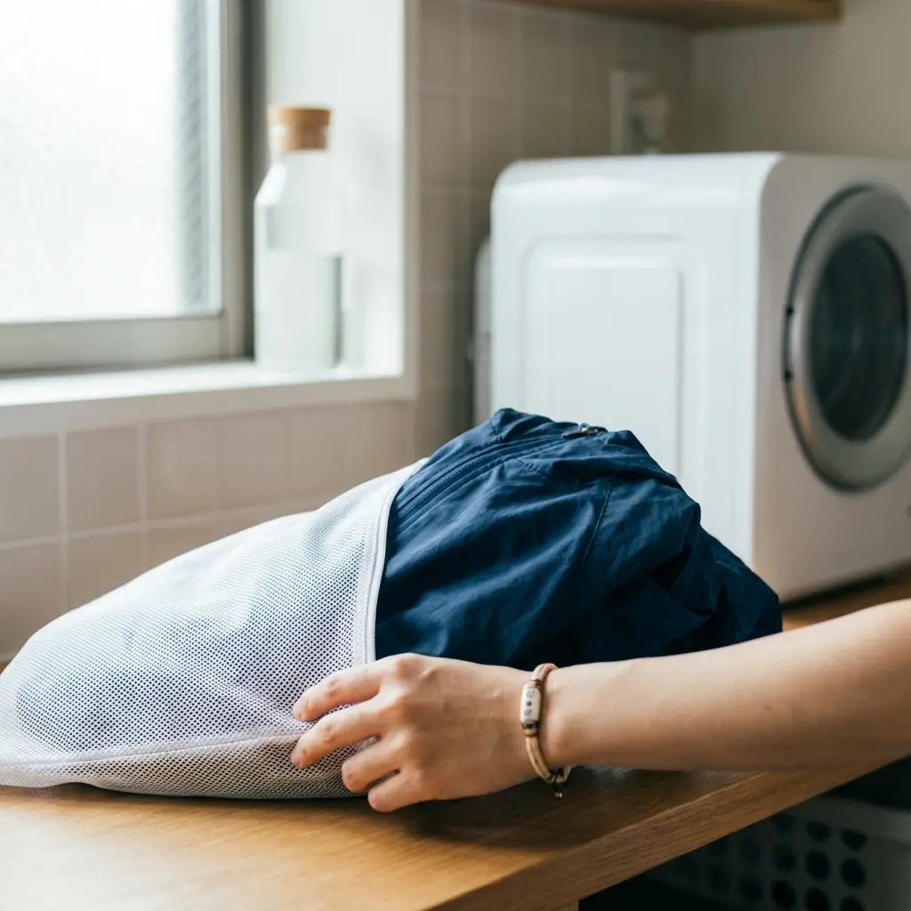 洗濯ネットに入れて丁寧にウィンドブレーカーを洗う様子