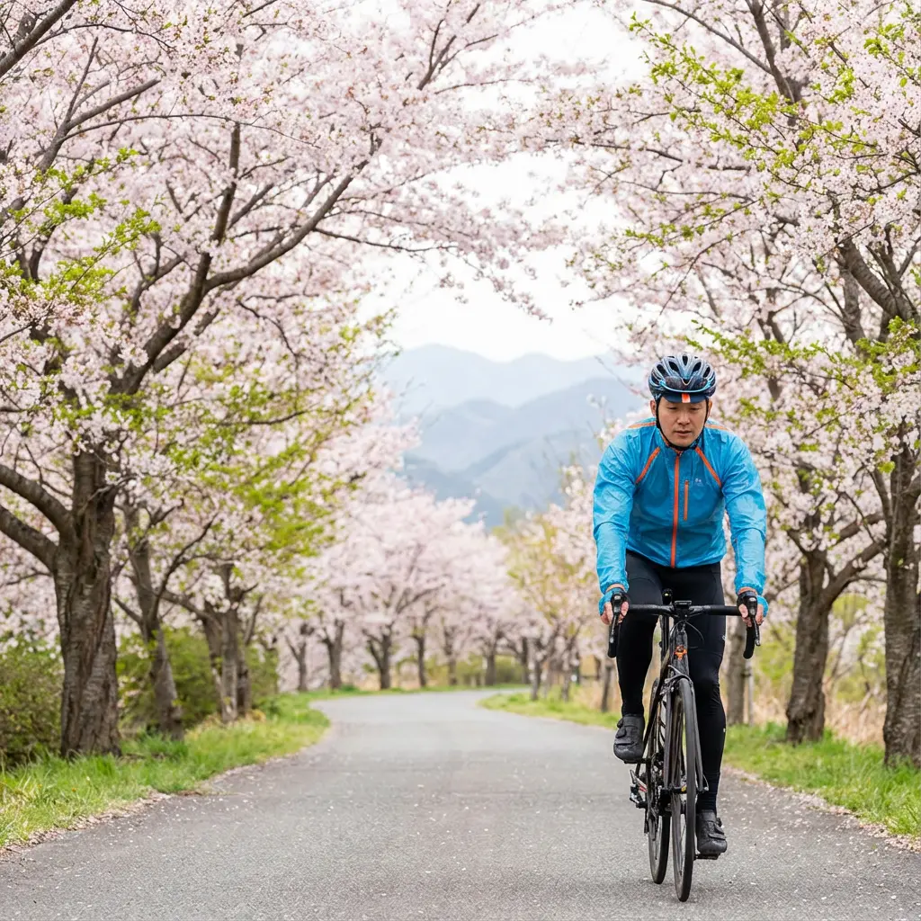 春の桜並木を快適に走るサイクリスト