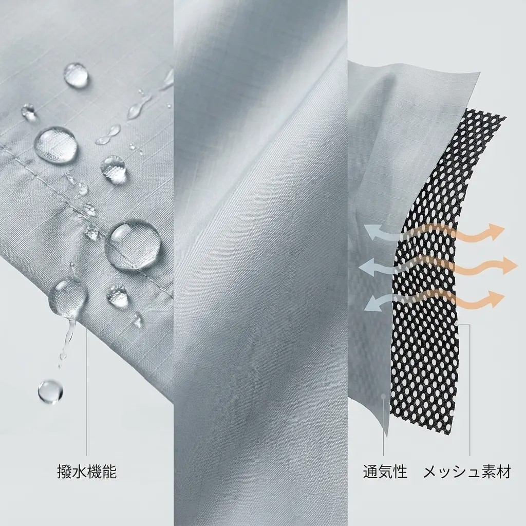 ウィンドブレーカーの撥水機能と通気構造のイメージ