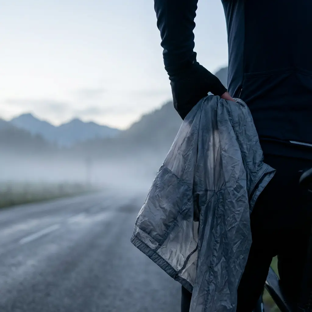 休憩中にポケットからウィンドブレーカーを取り出すサイクリスト