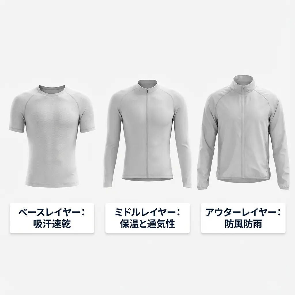 サイクリング用レイヤリングシステムの3層構造
