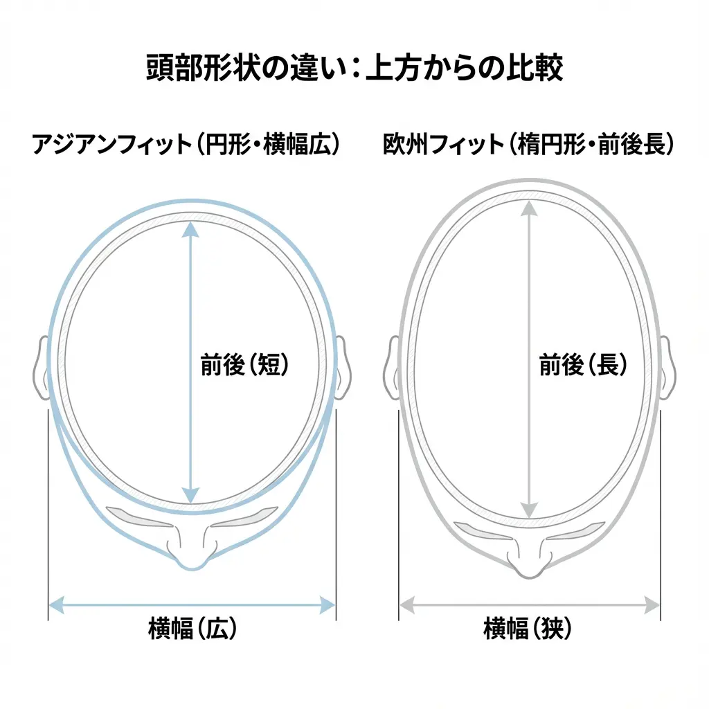 アジアンフィットと欧州フィットの頭部形状の違いを示す図解