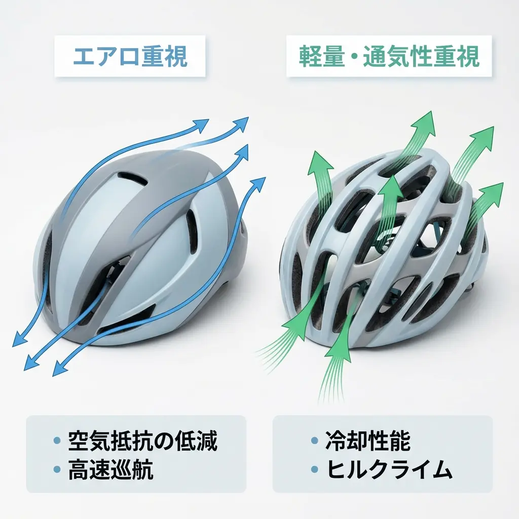 エアロヘルメットと軽量ヘルメットの違いを示す比較図