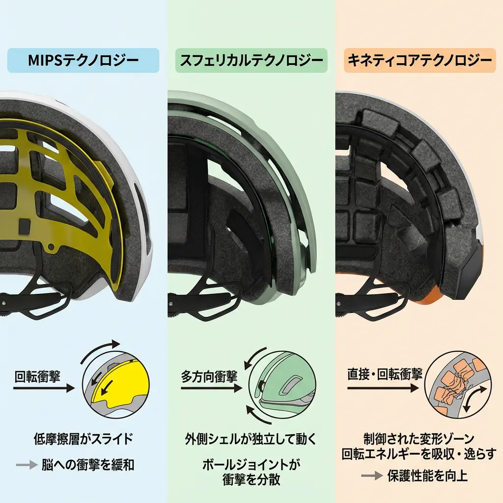 MIPS、Spherical、KinetiCore各技術の仕組みを示す断面図