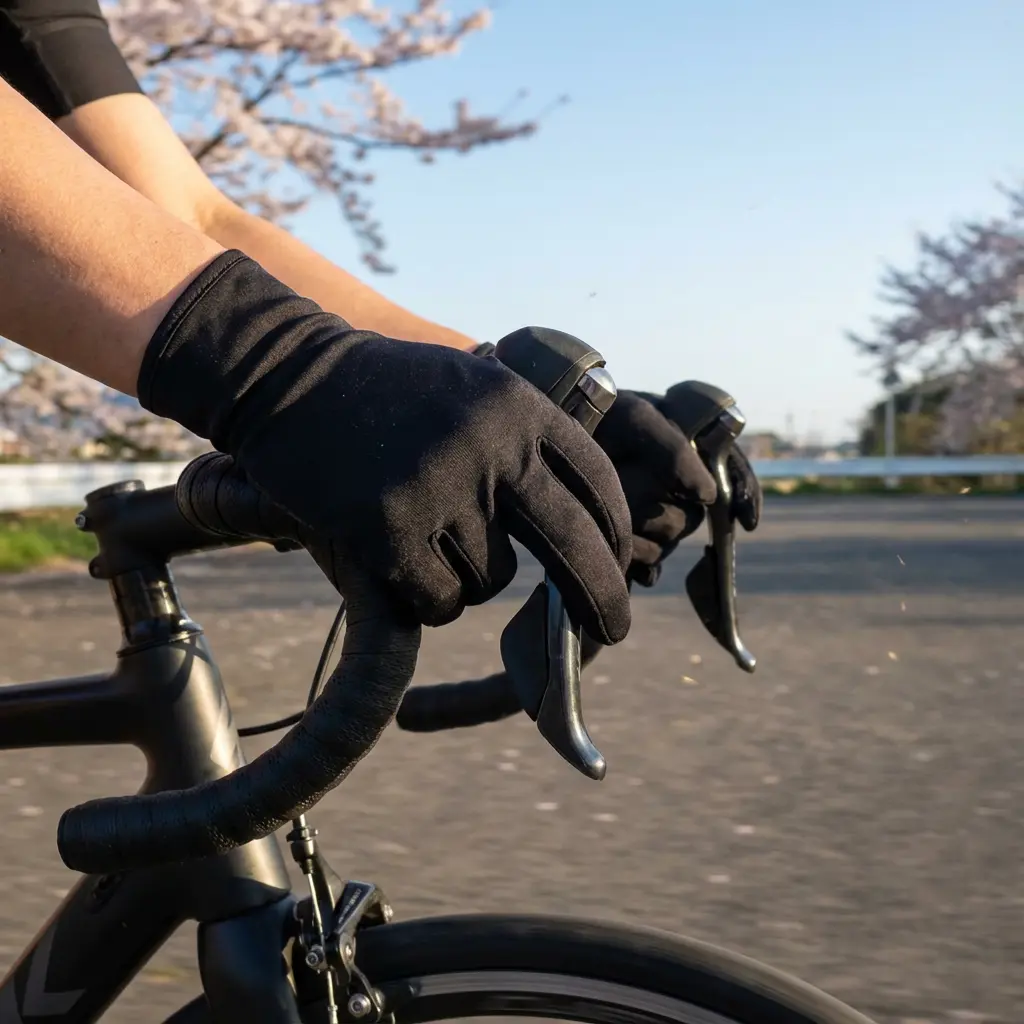 春の朝のサイクリング。黒い薄手グローブでハンドルを握る手元