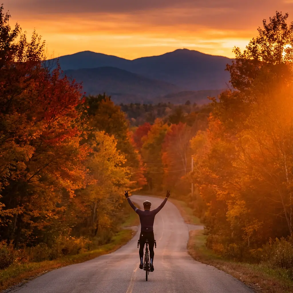 秋の夕暮れをサイクリングするライダーの後ろ姿