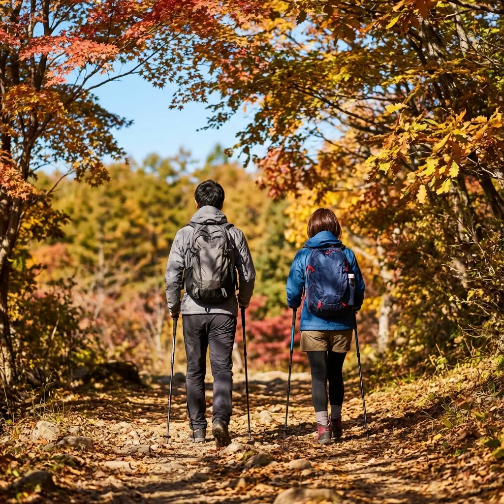 トレッキングポールを使って山道を歩く登山者の後ろ姿