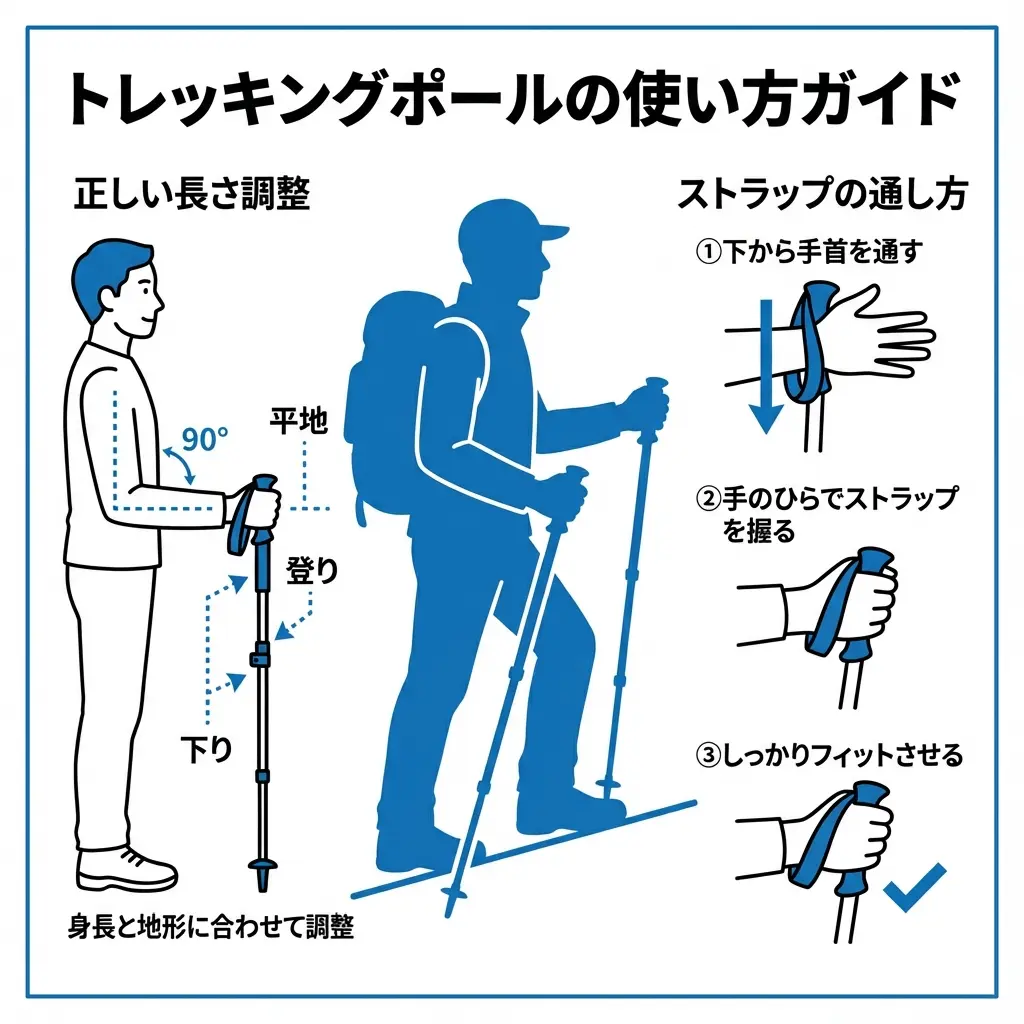 トレッキングポールの長さ調整とストラップの正しい使い方を示した図解