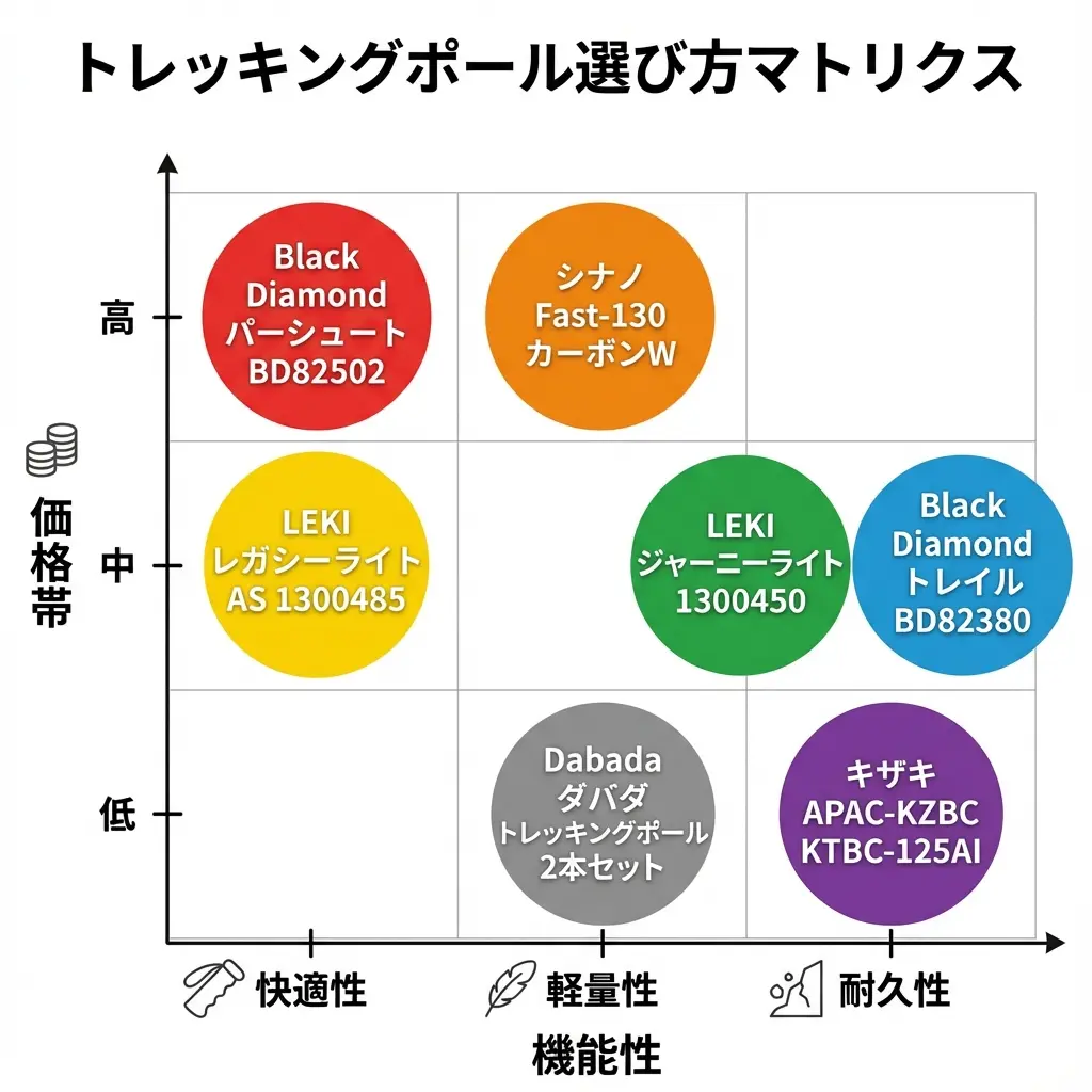 トレッキングポール7選の価格と機能を比較したマトリクス図