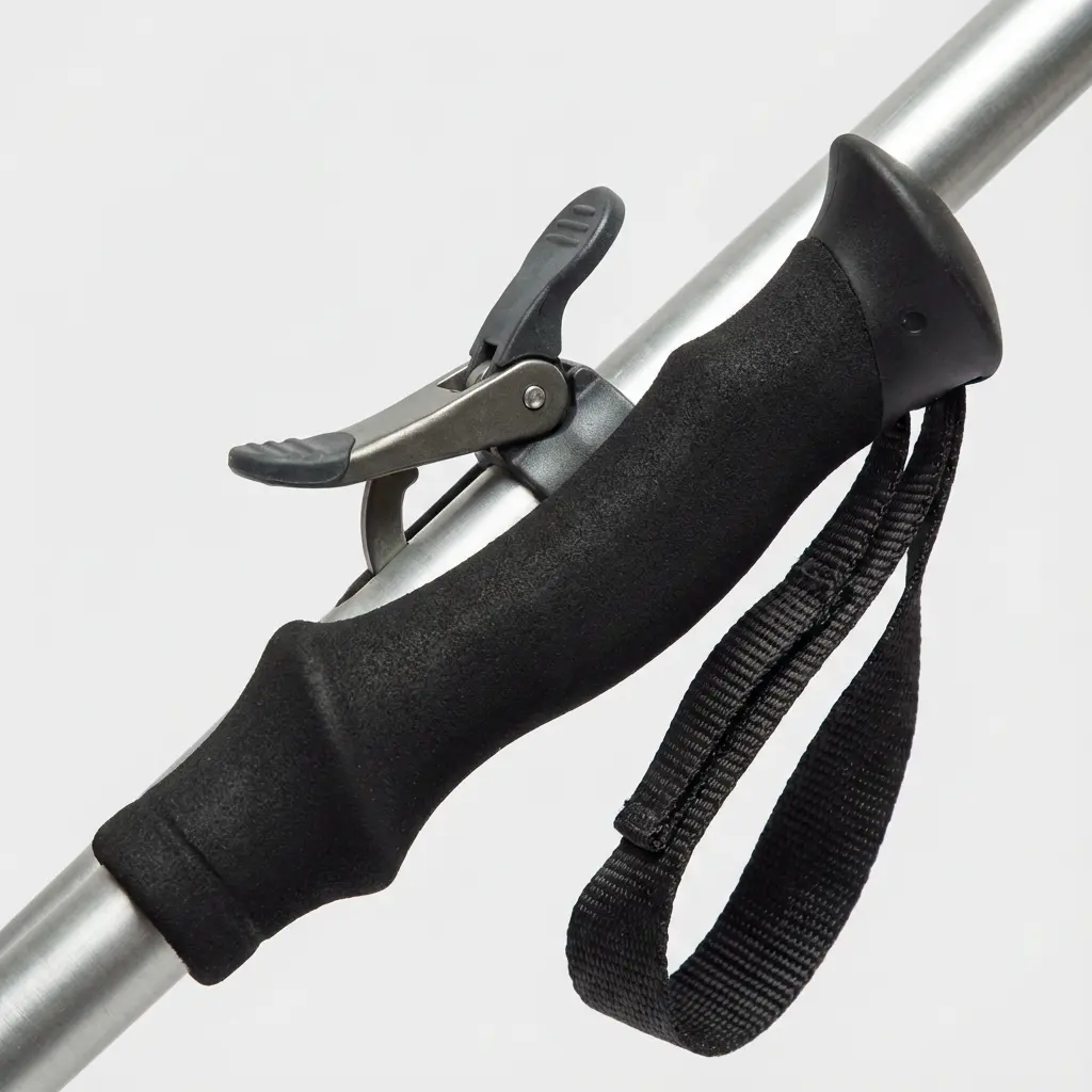 トレッキングポールのレバーロック機構とグリップのクローズアップ