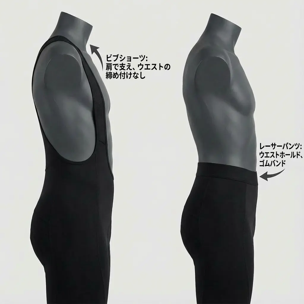 レーサーパンツとビブショーツの構造の違い