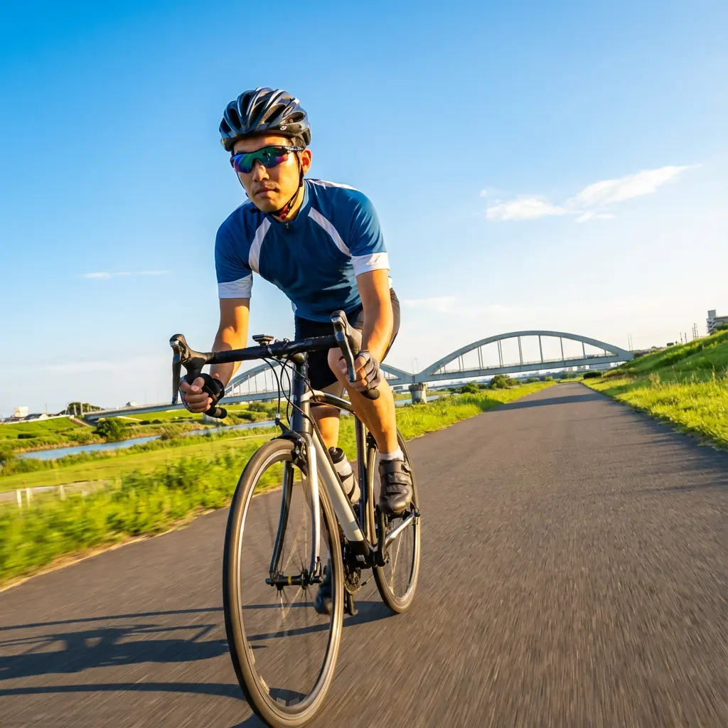 晴天のサイクリングロードを爽快に走るロードバイク初心者