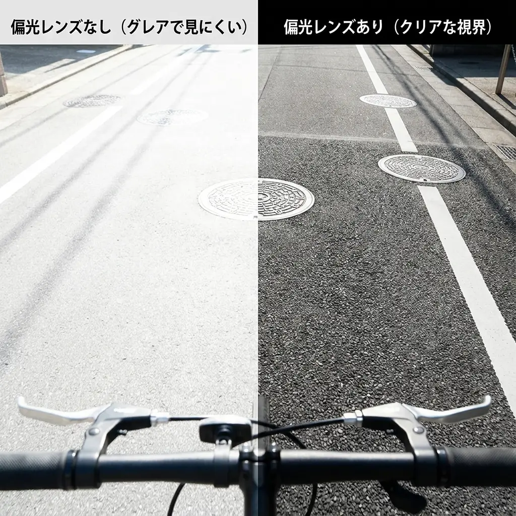 サイクリング中の視界比較。左側は路面の照り返しで白っぽく見えにくい視界、右側は偏光レンズを通してアスファルトの凹凸や白線がくっきりと見えているクリアな視界。