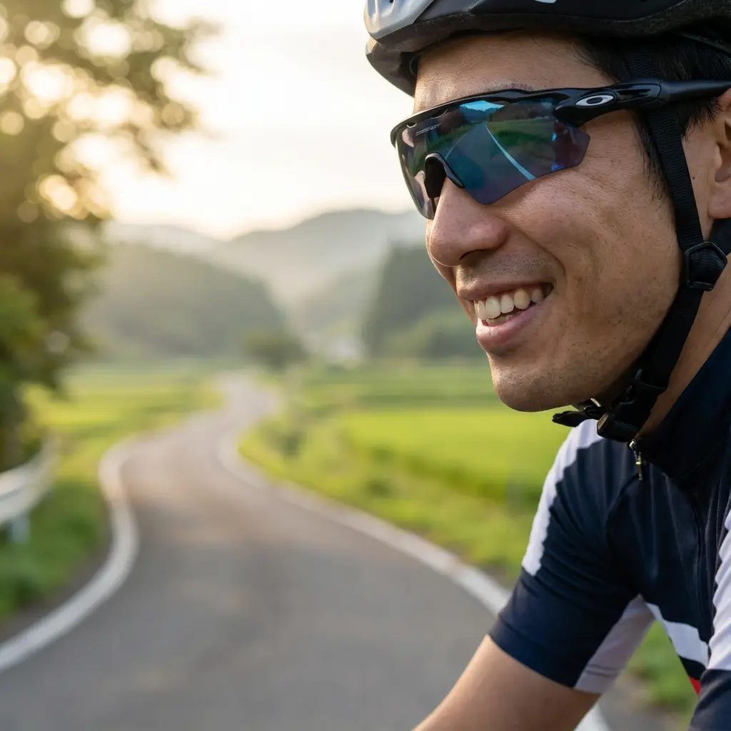 朝日を浴びて走るロードバイク乗り。調光レンズが反応して色づいている