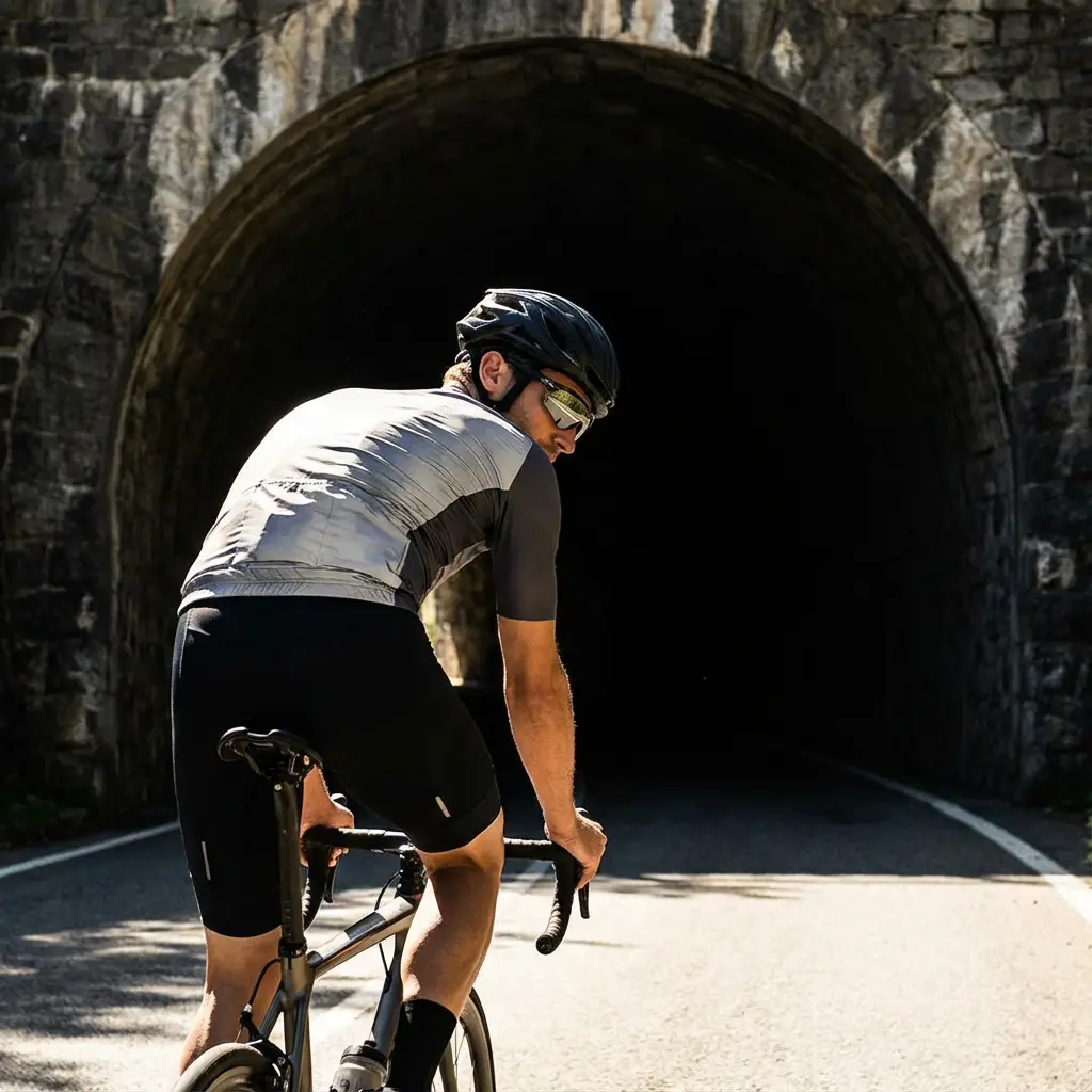 暗いトンネルに入るロードバイク。調光レンズなら視界を確保できる