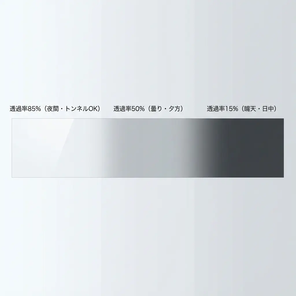 調光レンズの可視光線透過率の変化を示す図解