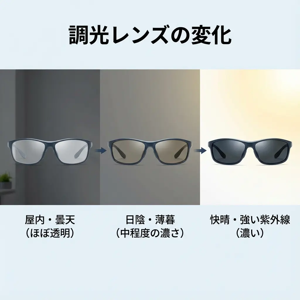 調光レンズの変化を示すサングラス