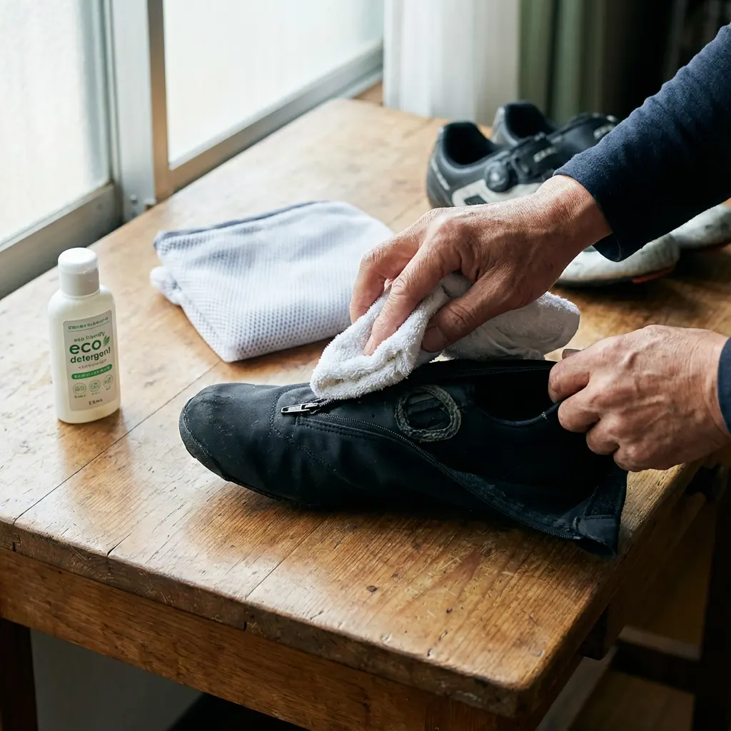 シューズカバーを丁寧にメンテナンスしている様子