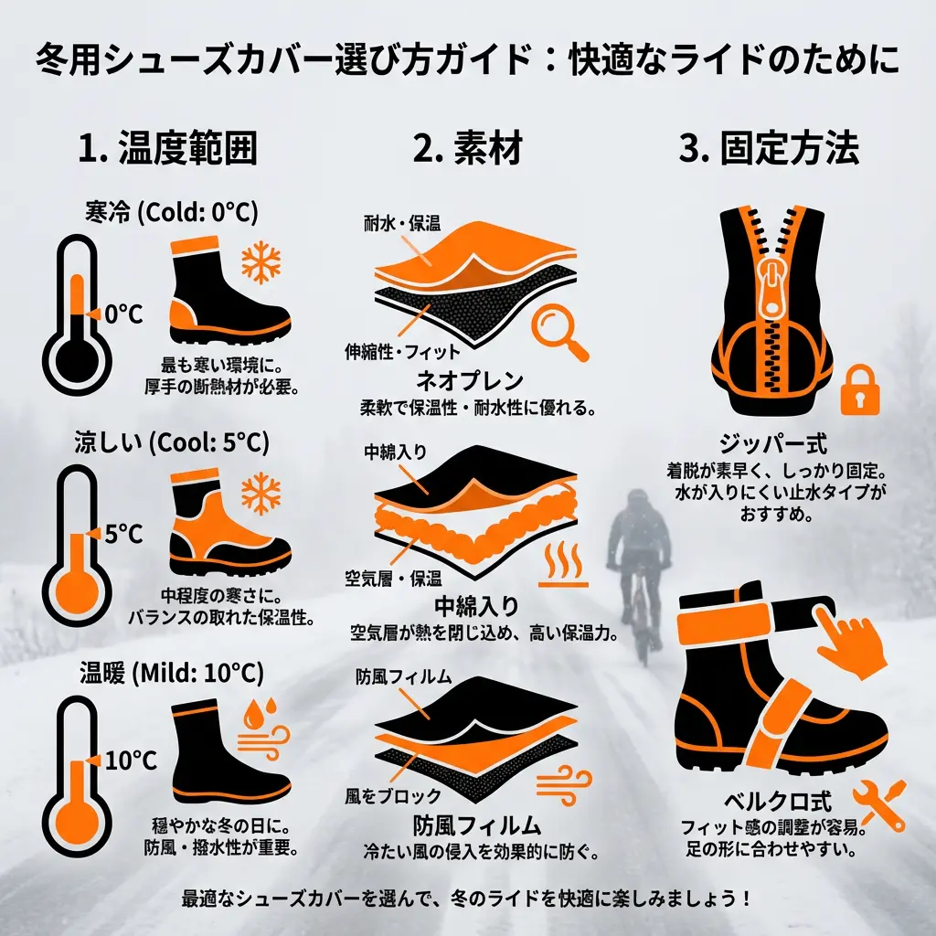 サイクリング用シューズカバーの選び方を解説するイメージ図