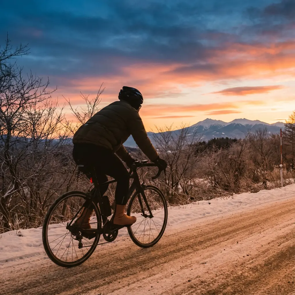 冬の夕暮れ、サイクリングを終えて満足げに帰路につくサイクリストの後ろ姿