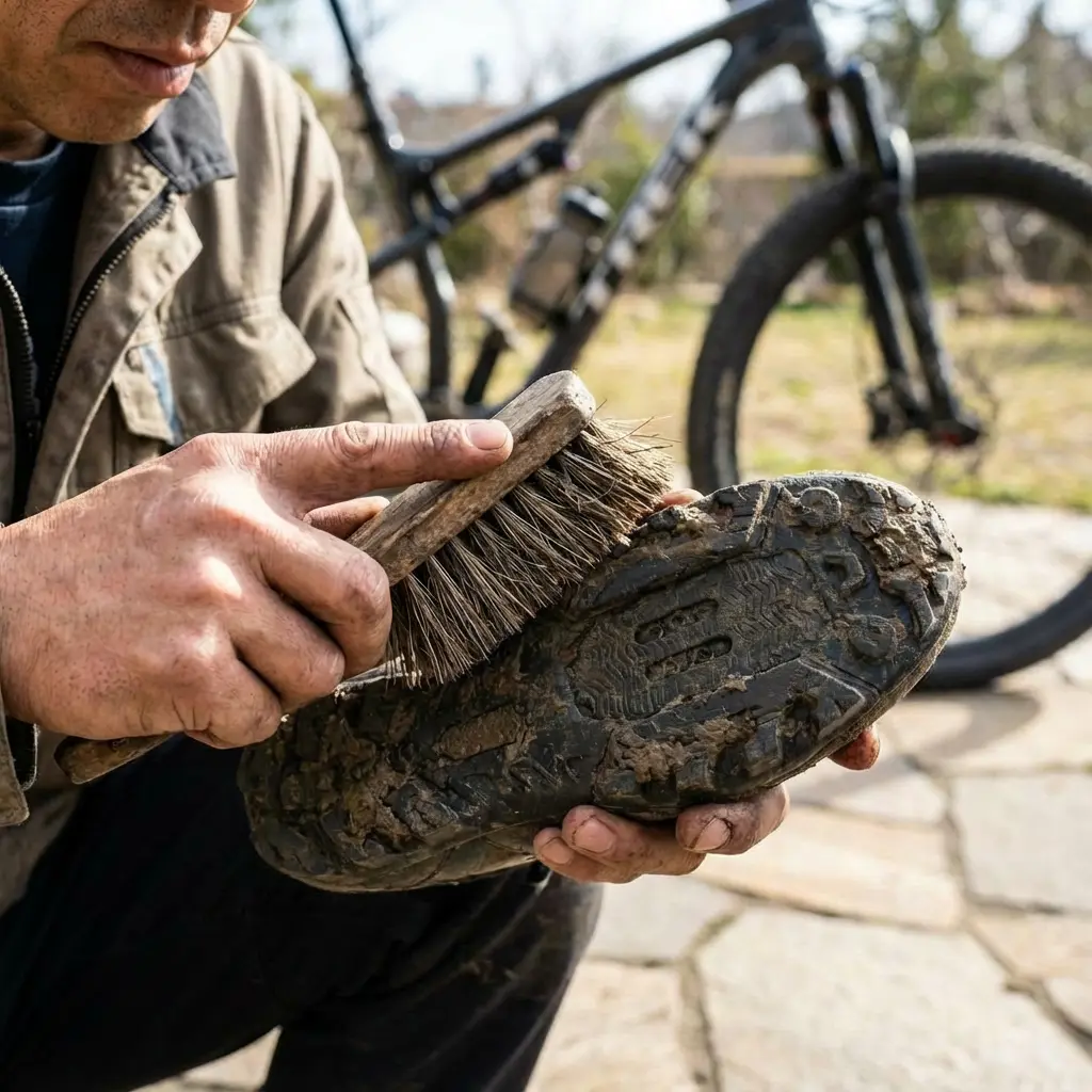 ブラシを使ってシューズの泥汚れを落としている様子