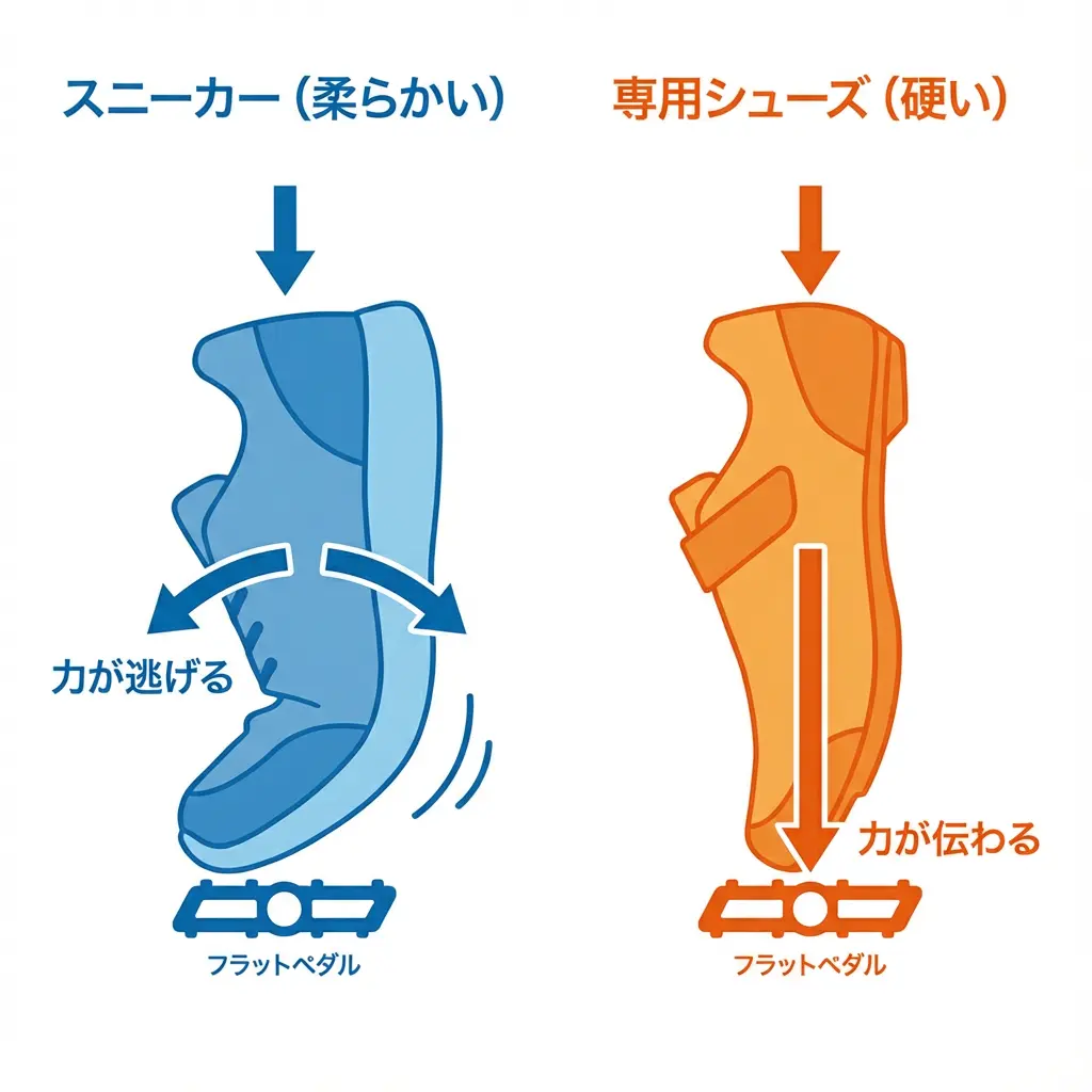 スニーカーと専用シューズのソールの硬さ比較イメージ