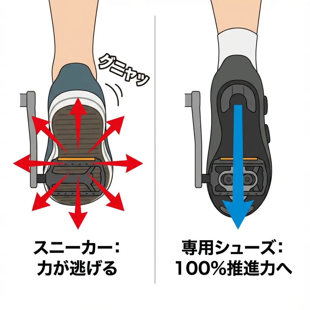 スニーカーとサイクリングシューズのパワー伝達効率比較