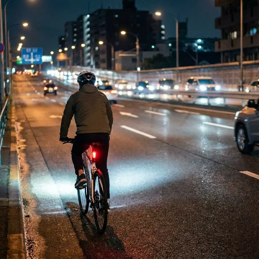 夜間走行する自転車のライト