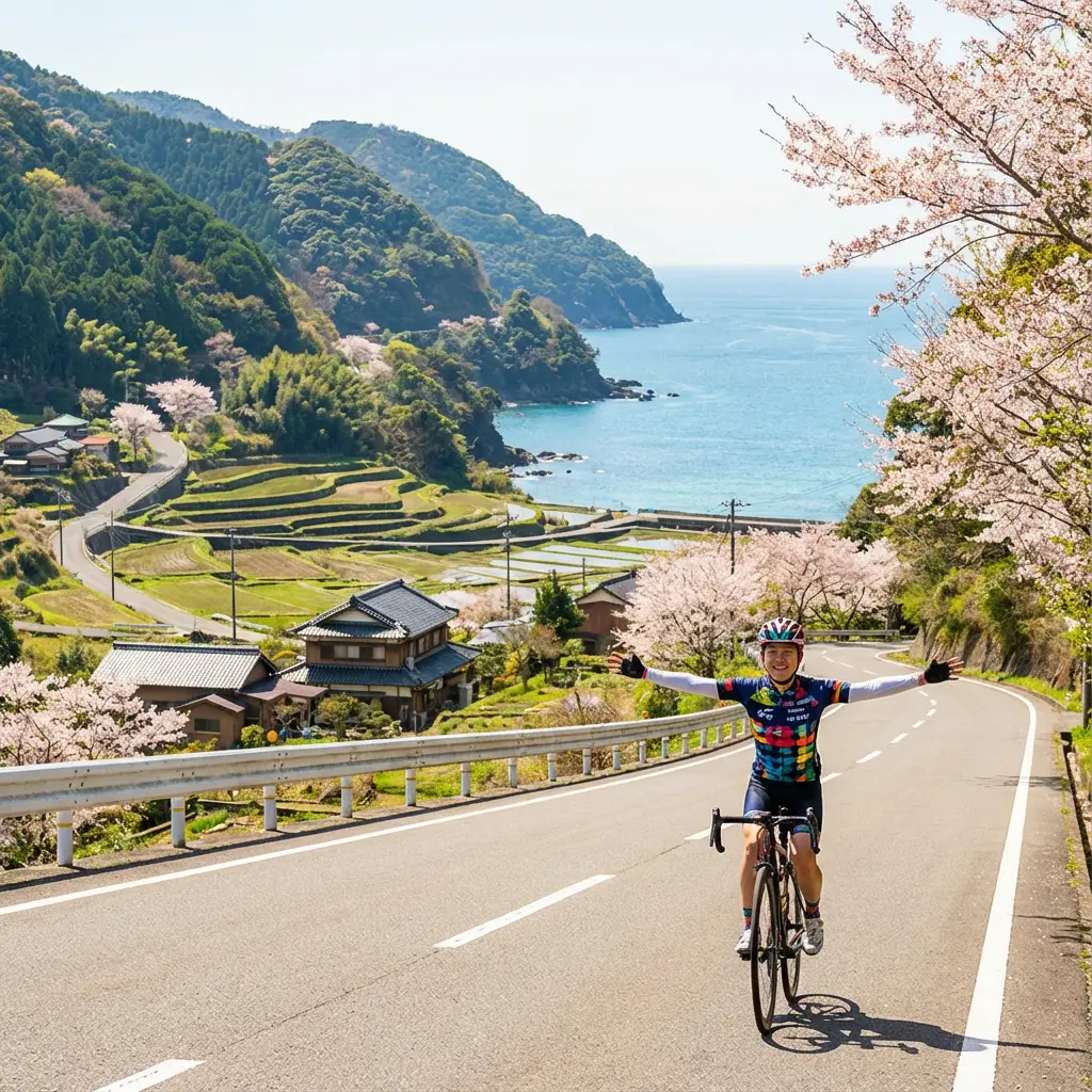 美しい景色の中を走るロードバイク乗り。安心してサイクリングを楽しんでいる様子