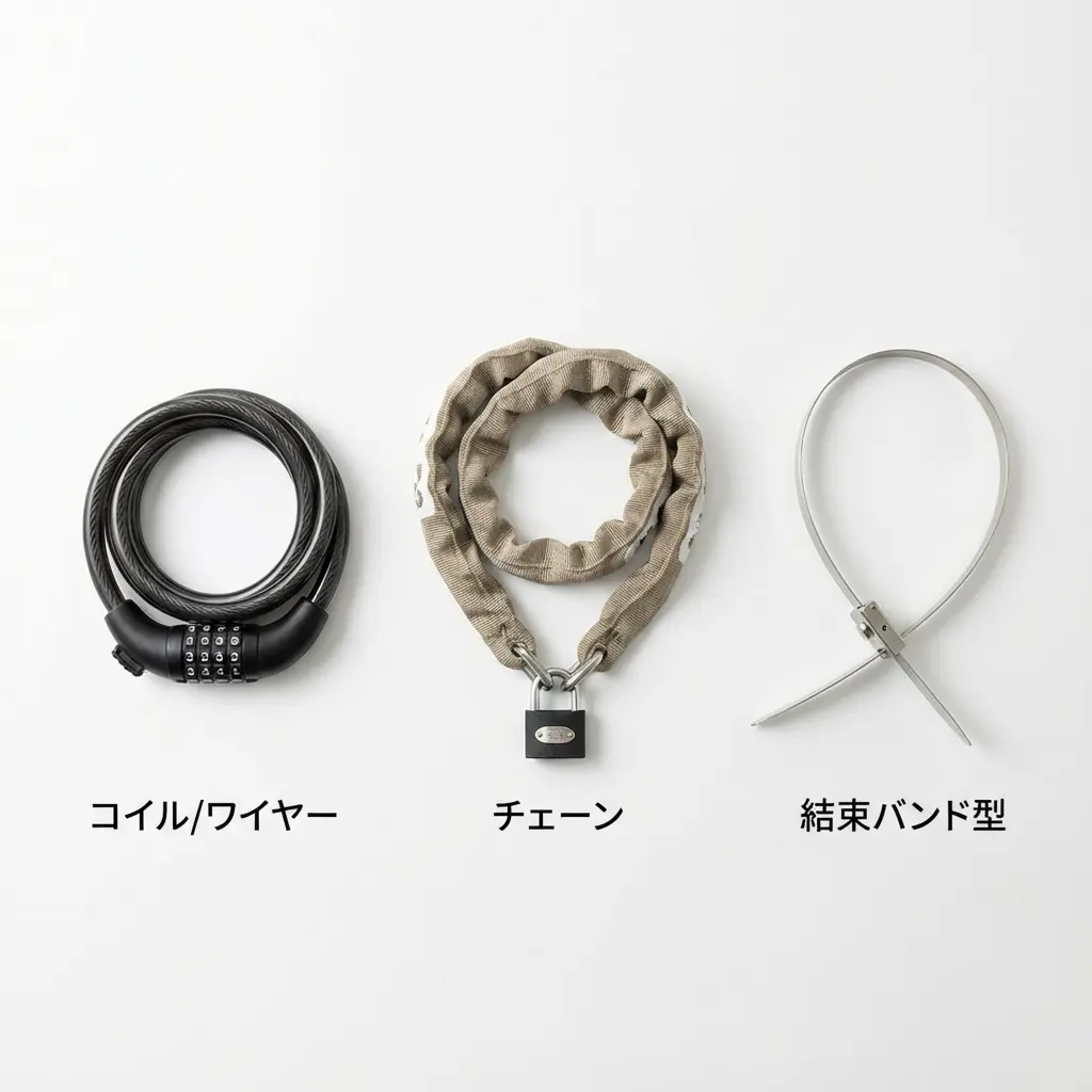 3種類の異なるタイプの自転車ロック（ワイヤー、チェーン、タイラップ型）を比較している図