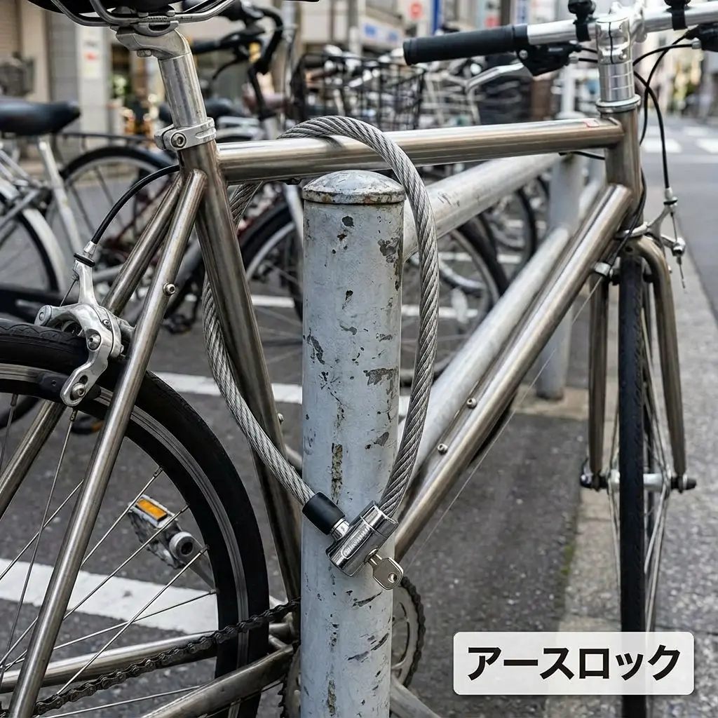 ロードバイクをガードレールと一緒に「地球ロック」している様子と、ダブルロックのイメージ図