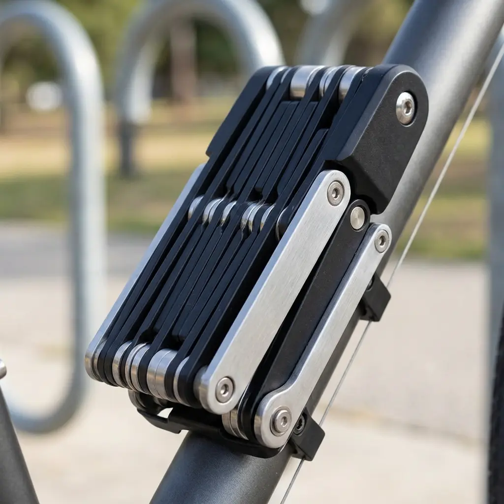 折りたたみ式のブレードロックが自転車に装着されている様子