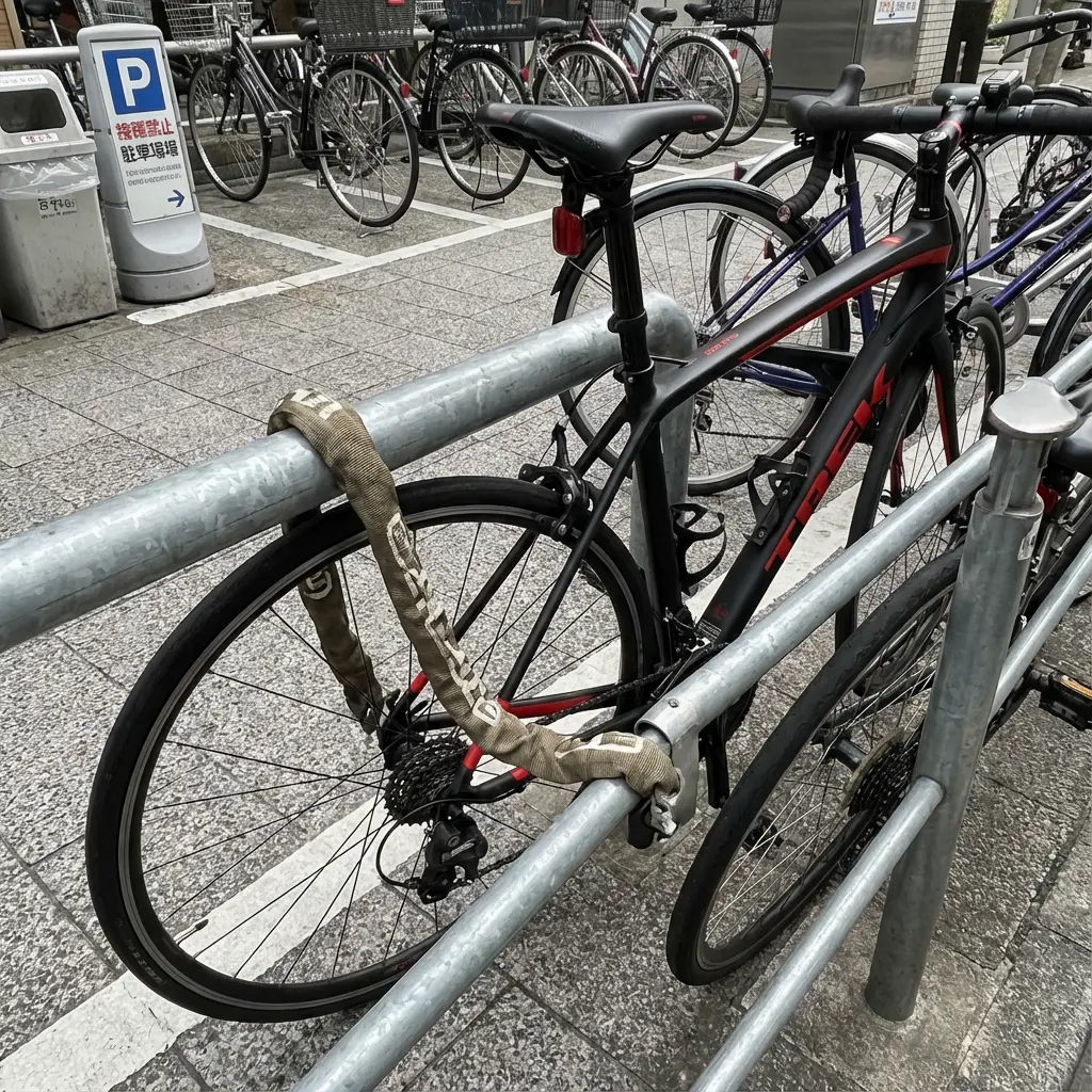 自転車をガードレールなどの固定物に施錠する地球ロックの様子