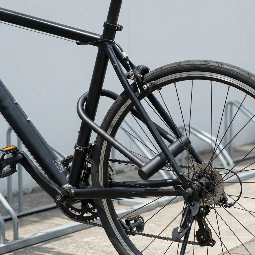 自転車のフレームと後輪を固定するU字ロックの施錠例