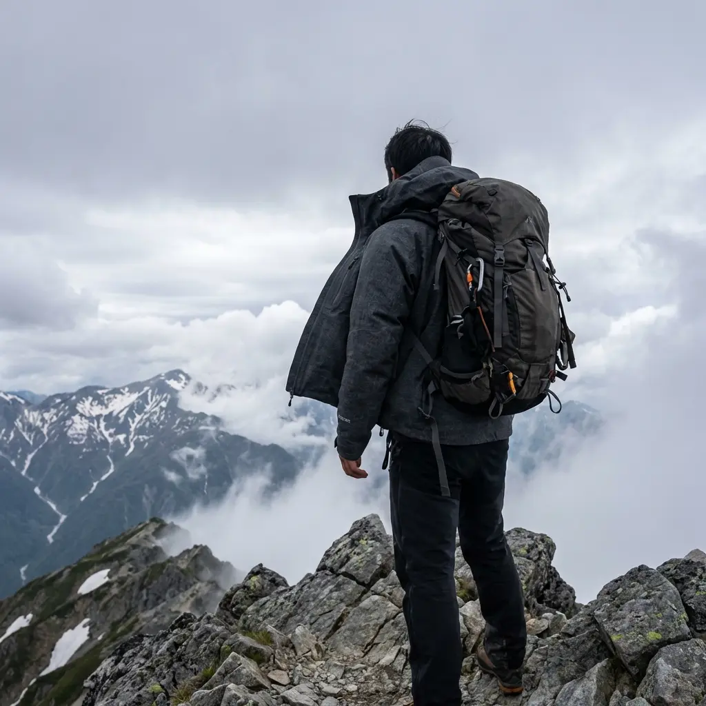 岩場の稜線に立つ登山者