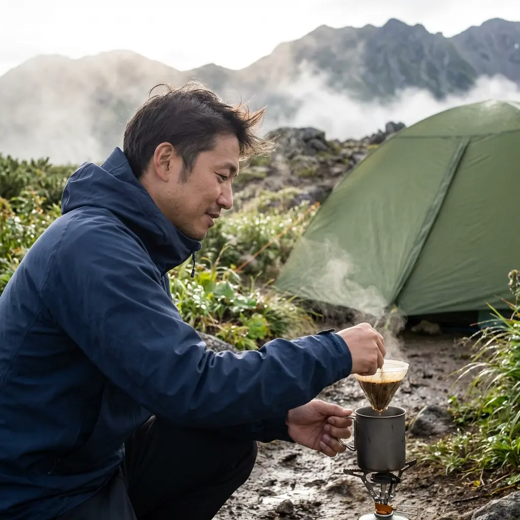 テント場でレインウェアを使う登山者