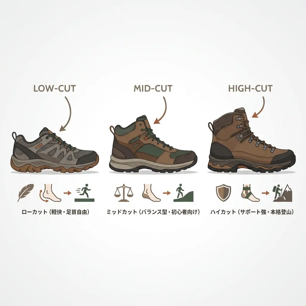 登山靴のカットの違い（ロー・ミッド・ハイ）の比較イメージ