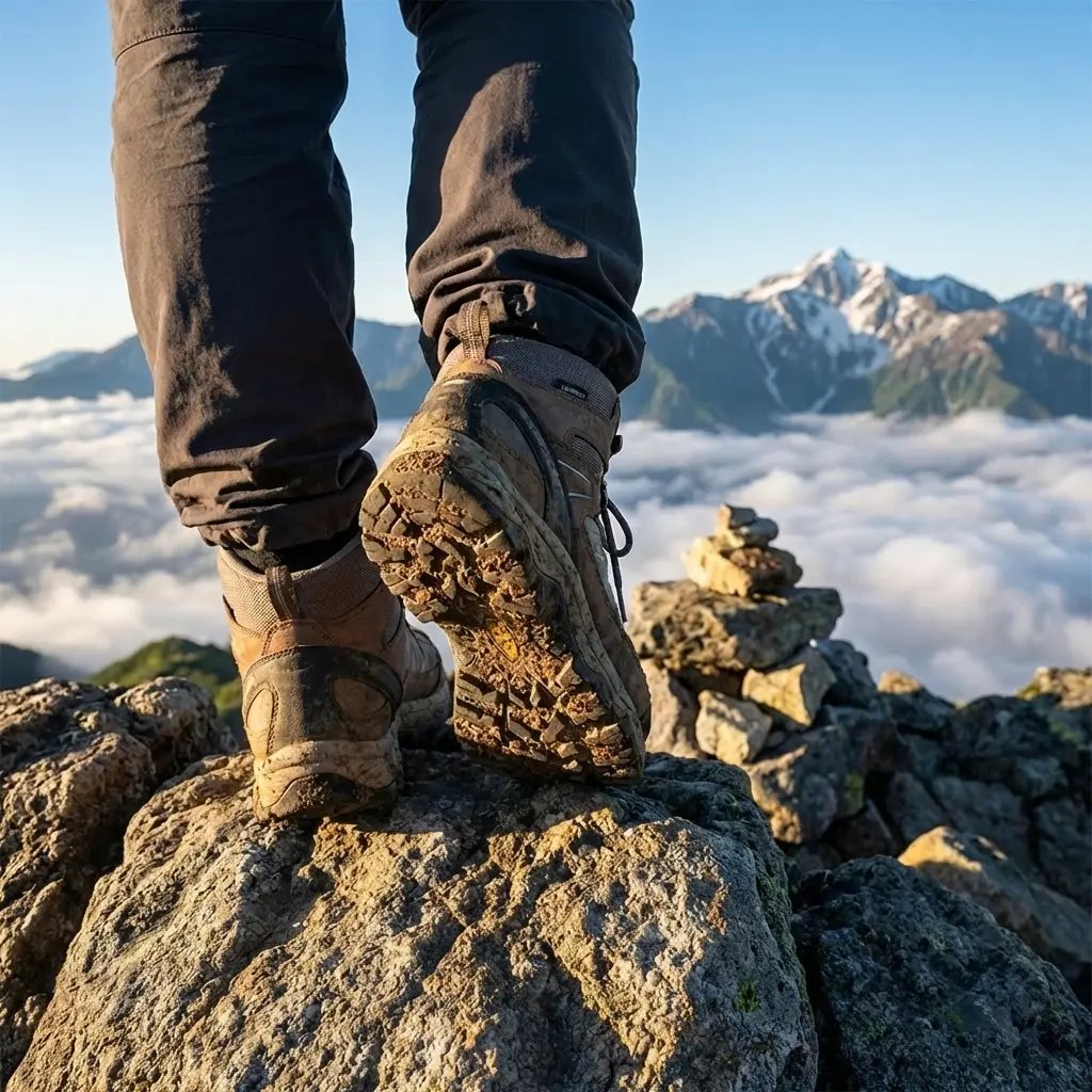 山頂で景色を眺める登山者の足元、泥がついた登山靴