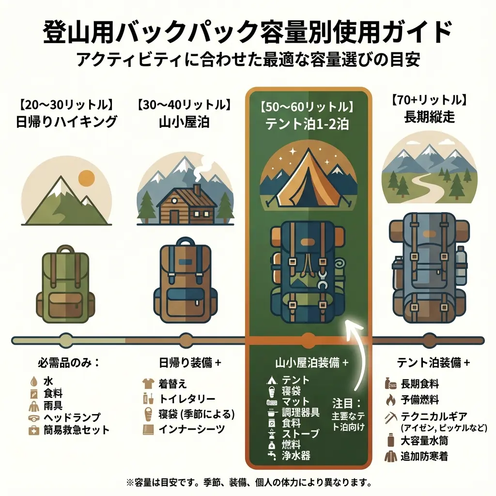 ザック容量と用途の関係を示すインフォグラフィック