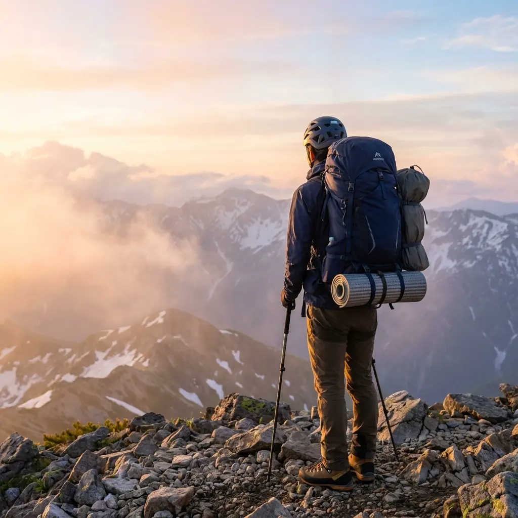 日本アルプスの稜線で朝日を背に大型ザックを背負う登山者