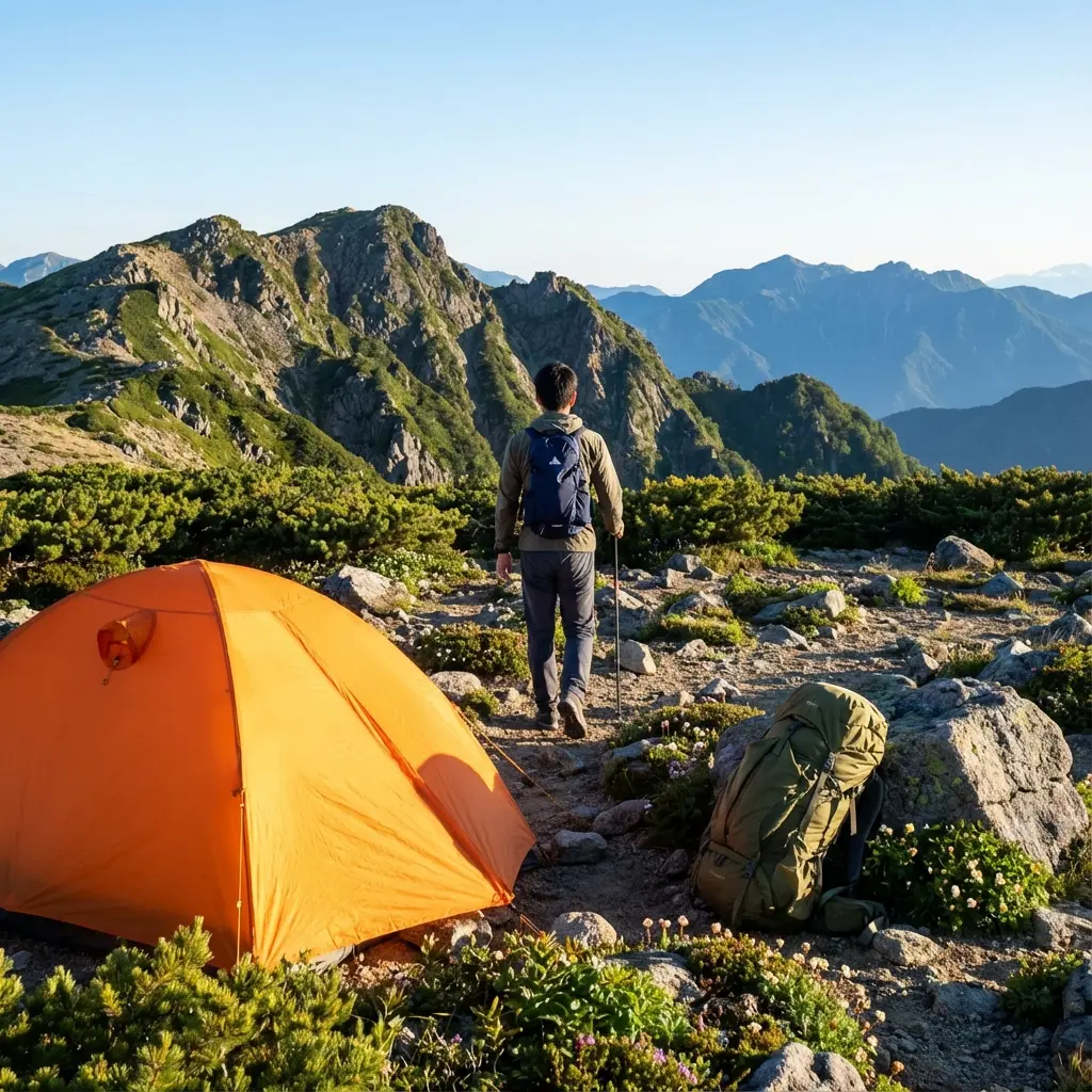 テント場から小さなアタックザックだけを背負い、山頂へ向かう登山者の後ろ姿