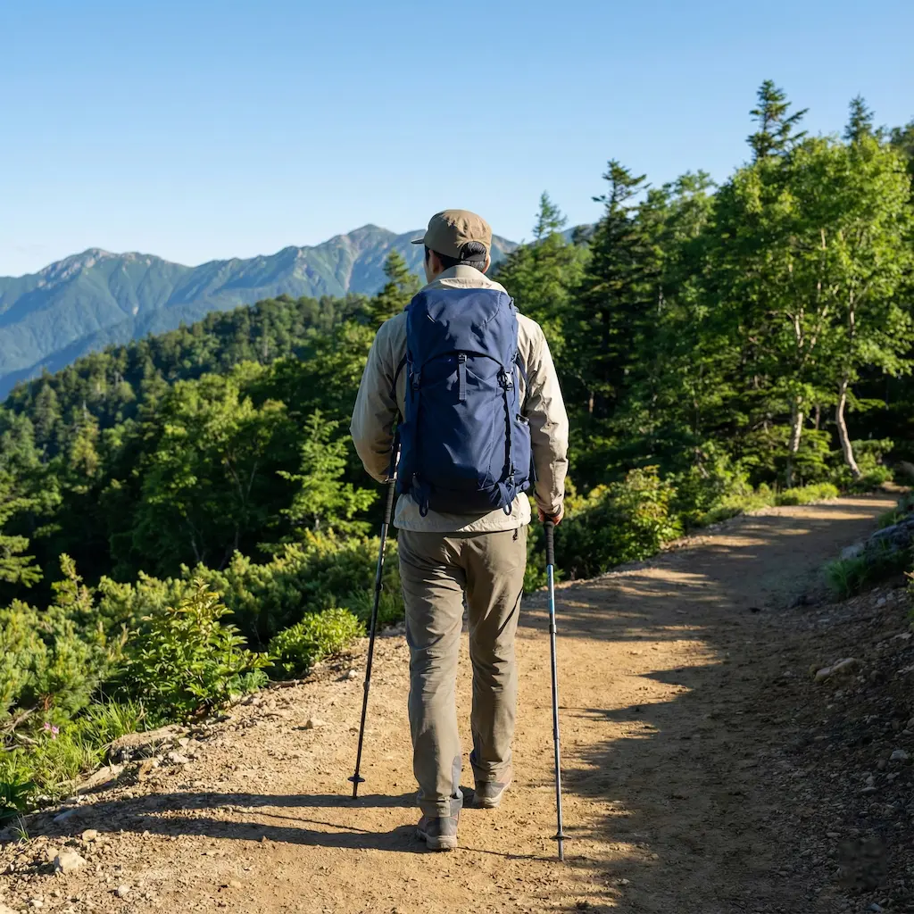 モンベルのザックを背負って山道を歩く登山者