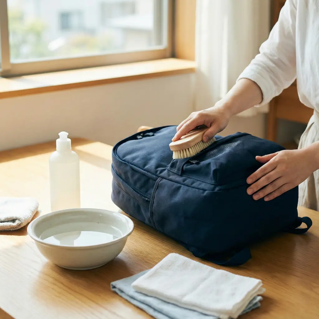 ザックのクリーニングとメンテナンスを行っている様子