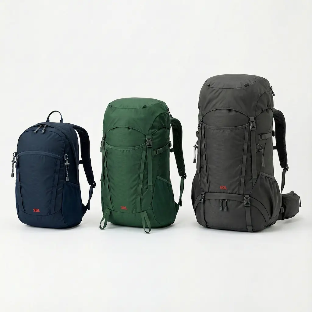 容量別に並べられた複数のモンベルザック