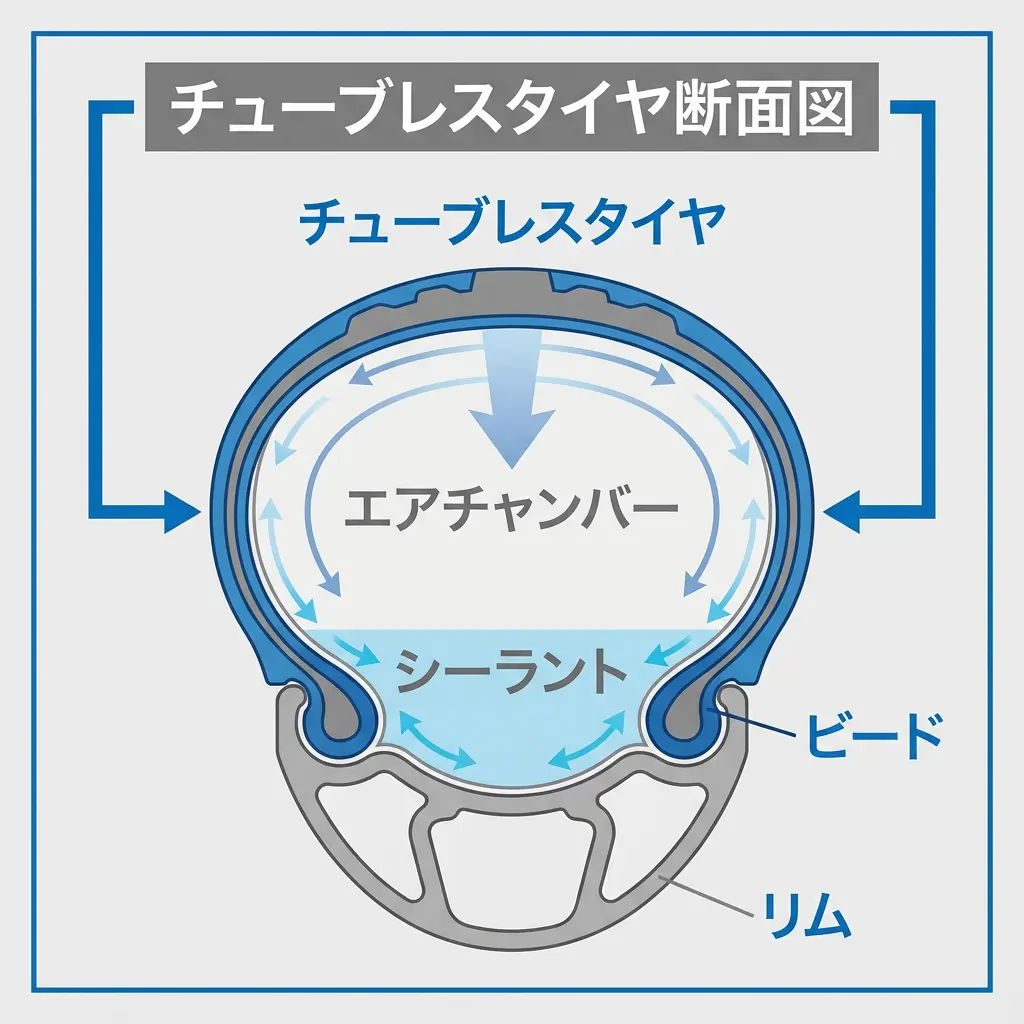 チューブレスタイヤシステムの構造図解