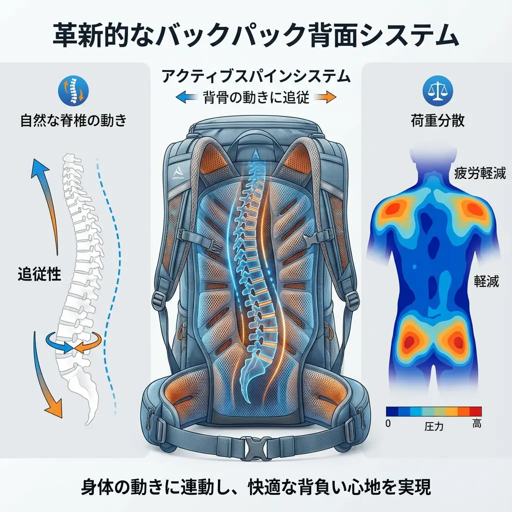 マムート Active Spine 背面システムの仕組みを示すインフォグラフィック