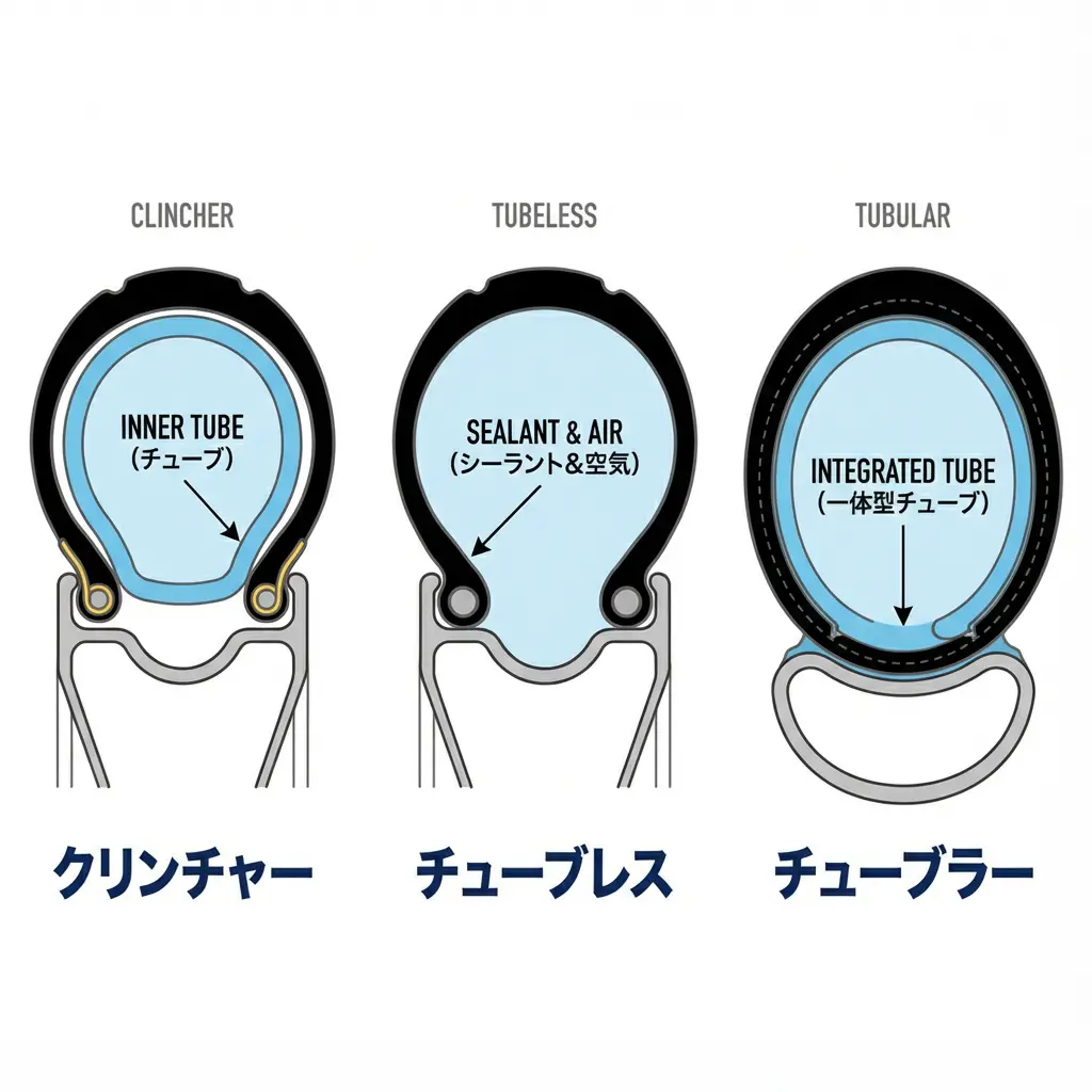 クリンチャー、チューブレス、チューブラーの構造比較