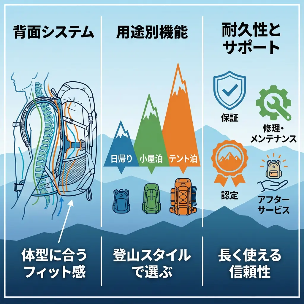 登山ザックのブランド選び3つのポイント：背面システム・用途別機能・耐久性とサポート