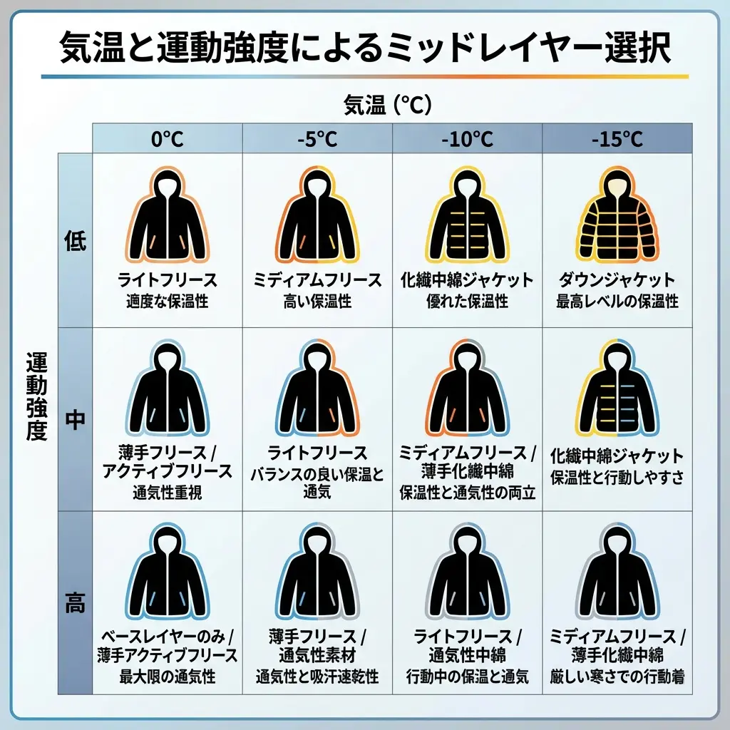 ミドルレイヤーの選び方を示すレイヤリング図解